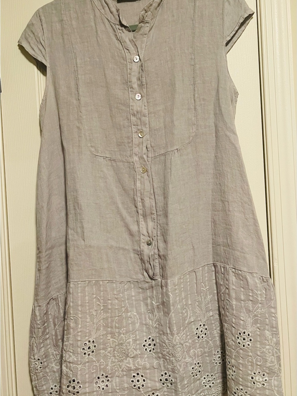 Light Gray Embroidered Italian Linen Midi Dress M